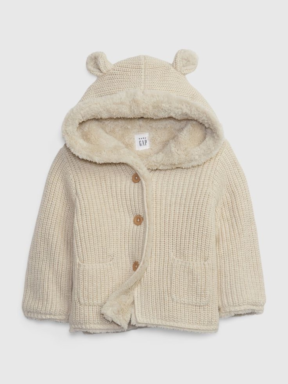 0-3 Month Baby Gap Cream Hooded Knit Cardigan with Teddy Ears